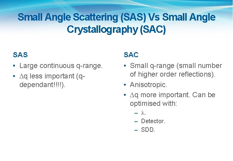 Small Angle Scattering (SAS) Vs Small Angle Crystallography (SAC) SAS • Large continuous q-range.