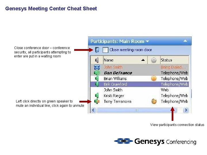 Genesys Meeting Center Cheat Sheet Close conference door – conference security, all participants attempting