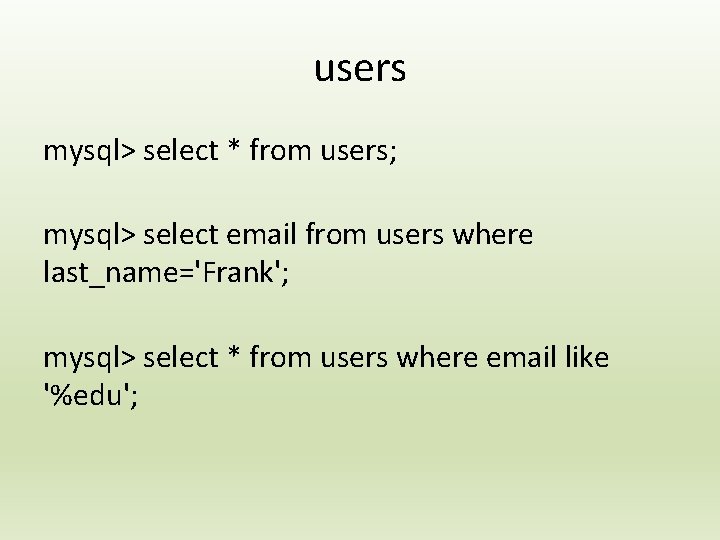 users mysql> select * from users; mysql> select email from users where last_name='Frank'; mysql>