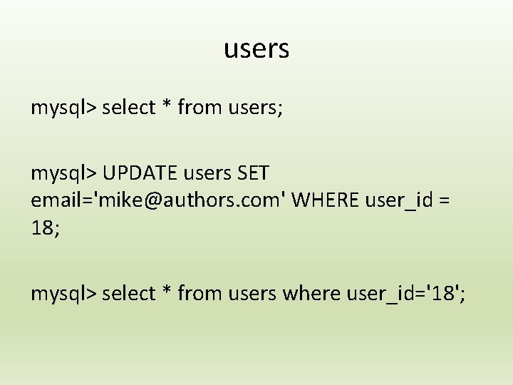 users mysql> select * from users; mysql> UPDATE users SET email='mike@authors. com' WHERE user_id
