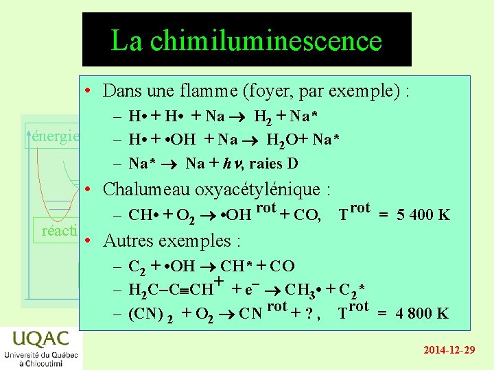 La chimiluminescence • Dans une flamme (foyer, par exemple) : – H • +