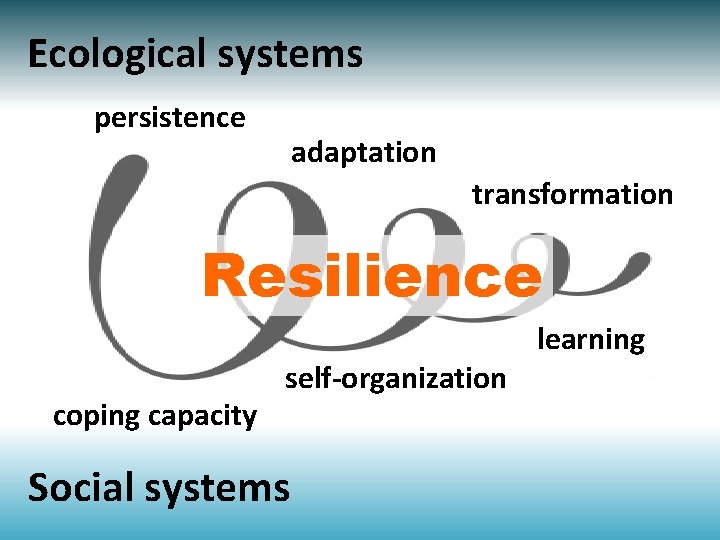 Ecological systems persistence adaptation transformation Resilience coping capacity self-organization Social systems learning 