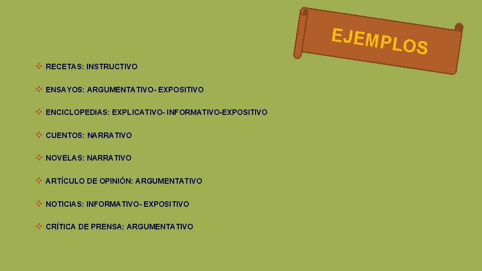 EJEMP v RECETAS: INSTRUCTIVO v ENSAYOS: ARGUMENTATIVO- EXPOSITIVO v ENCICLOPEDIAS: EXPLICATIVO- INFORMATIVO-EXPOSITIVO v CUENTOS: