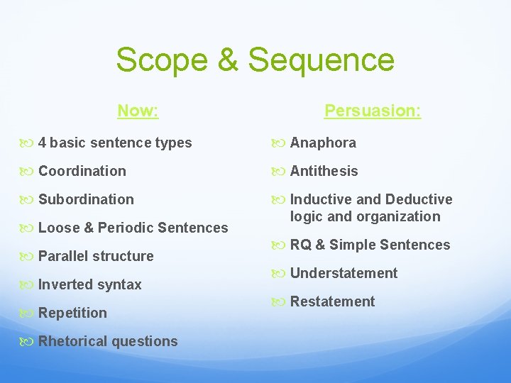 Scope & Sequence Now: Persuasion: 4 basic sentence types Anaphora Coordination Antithesis Subordination Inductive