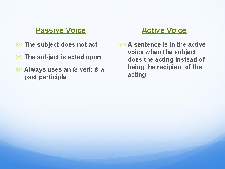 Passive Voice The subject does not act The subject is acted upon Always uses