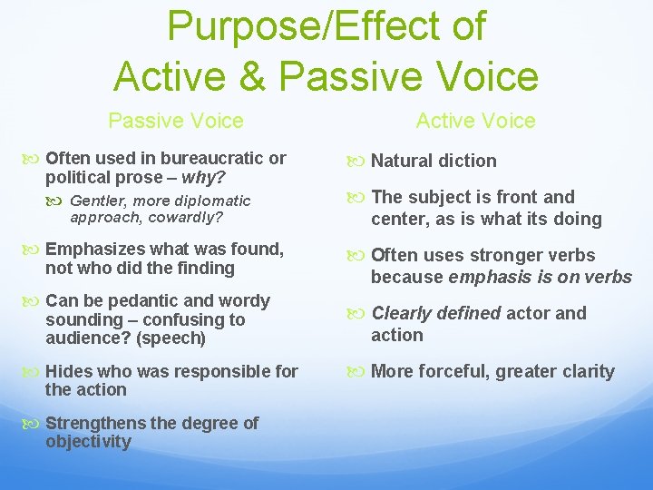 Purpose/Effect of Active & Passive Voice Often used in bureaucratic or political prose –