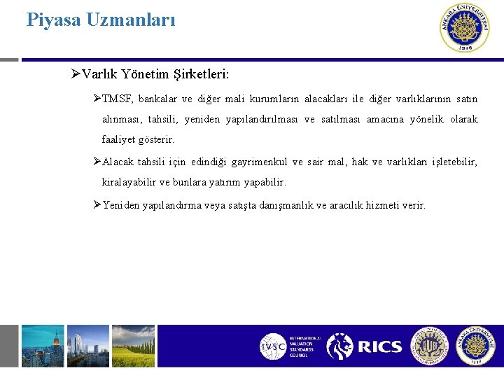 Piyasa Uzmanları ØVarlık Yönetim Şirketleri: ØTMSF, bankalar ve diğer mali kurumların alacakları ile diğer