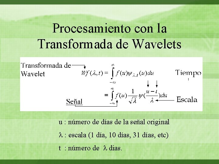 Procesamiento con la Transformada de Wavelets u : número de días de la señal