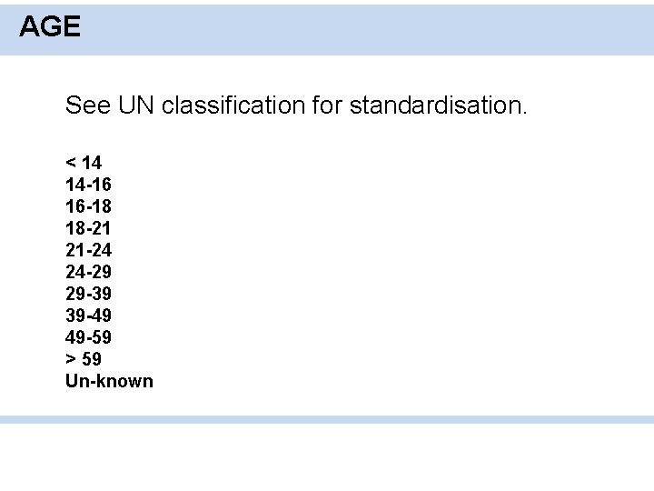 AGE See UN classification for standardisation. < 14 14 -16 16 -18 18 -21