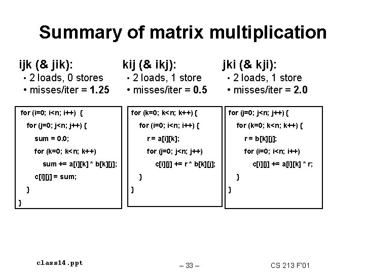Summary of matrix multiplication ijk (& jik): kij (& ikj): jki (& kji): •