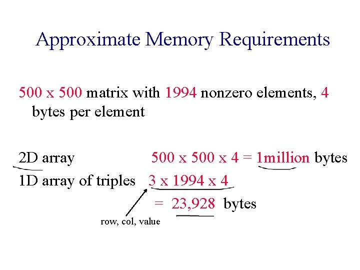 Approximate Memory Requirements 500 x 500 matrix with 1994 nonzero elements, 4 bytes per