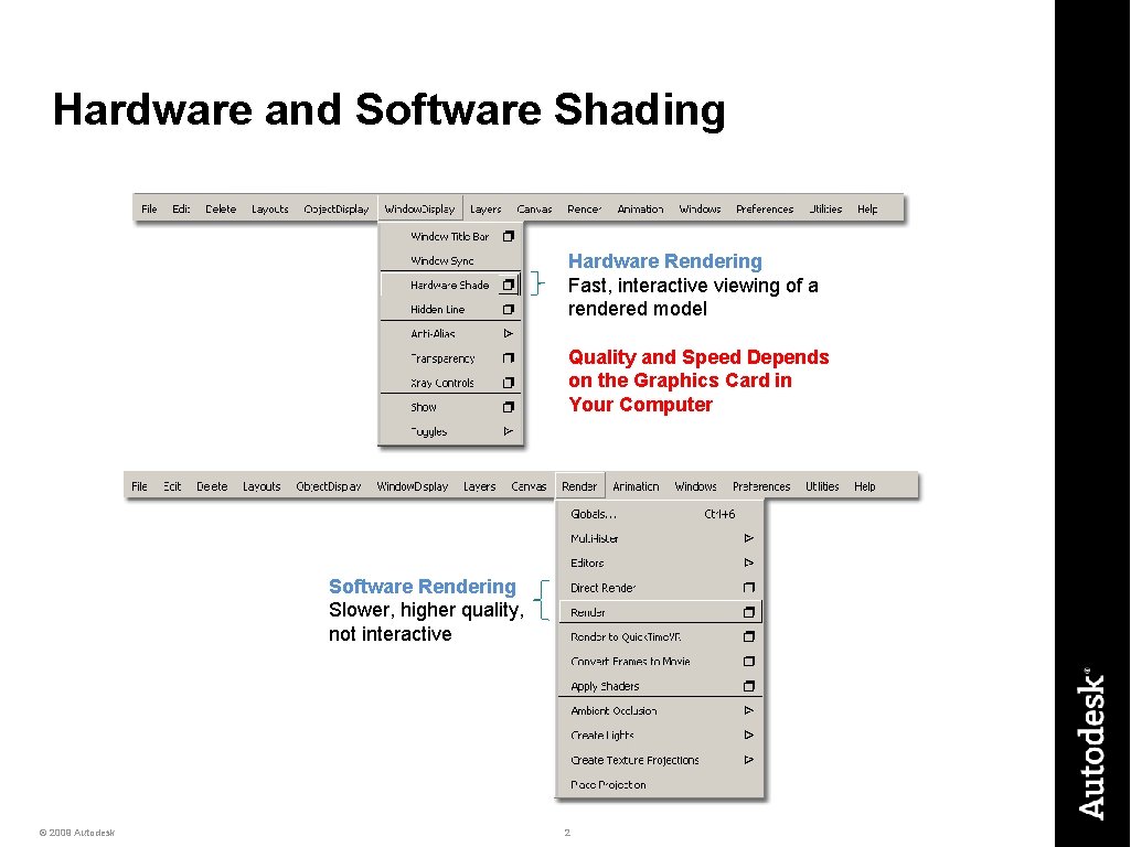 Hardware and Software Shading Hardware Rendering Fast, interactive viewing of a rendered model Quality