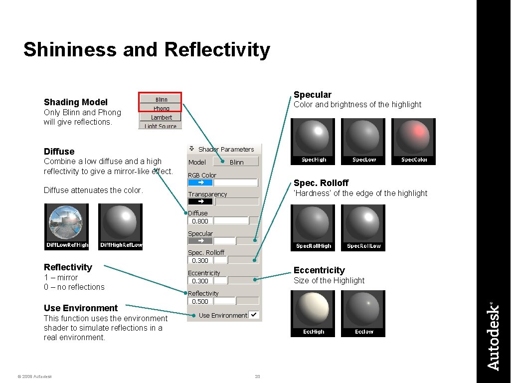 Shininess and Reflectivity Specular Shading Model Color and brightness of the highlight Only Blinn