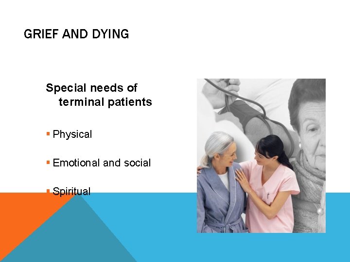 GRIEF AND DYING Special needs of terminal patients § Physical § Emotional and social GRIEF AND DYING Special needs of terminal patients § Physical § Emotional and social