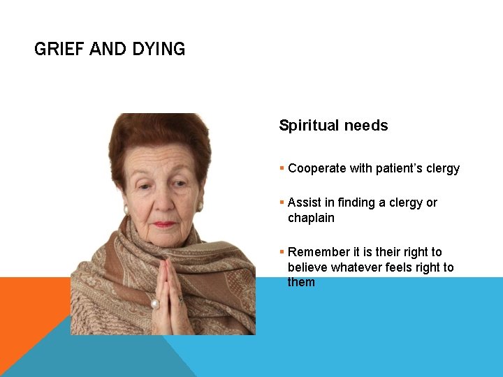 GRIEF AND DYING Spiritual needs § Cooperate with patient’s clergy § Assist in finding GRIEF AND DYING Spiritual needs § Cooperate with patient’s clergy § Assist in finding