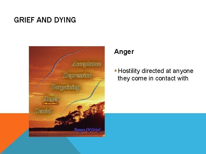 GRIEF AND DYING Anger § Hostility directed at anyone they come in contact with GRIEF AND DYING Anger § Hostility directed at anyone they come in contact with