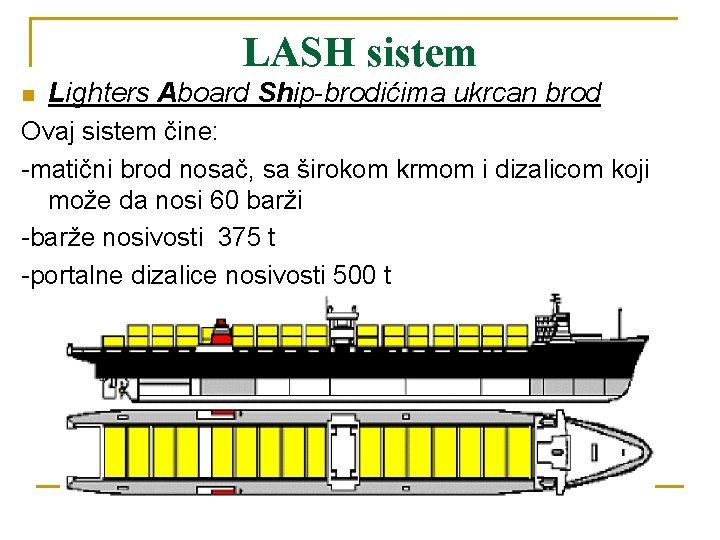 LASH sistem n Lighters Aboard Ship-brodićima ukrcan brod Ovaj sistem čine: -matični brod nosač,