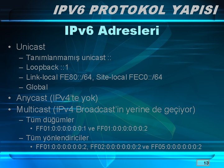 IPV 6 PROTOKOL YAPISI IPv 6 Adresleri • Unicast – – Tanımlanmamış unicast :