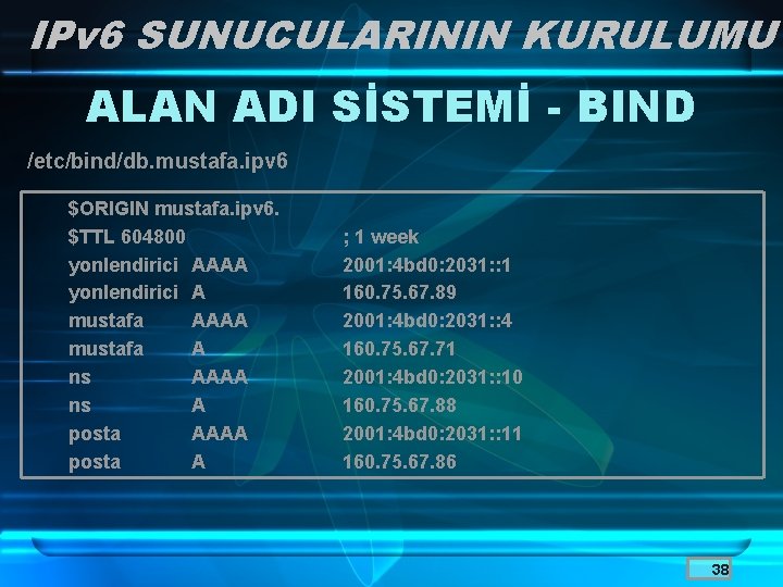 IPv 6 SUNUCULARININ KURULUMU ALAN ADI SİSTEMİ - BIND /etc/bind/db. mustafa. ipv 6 $ORIGIN