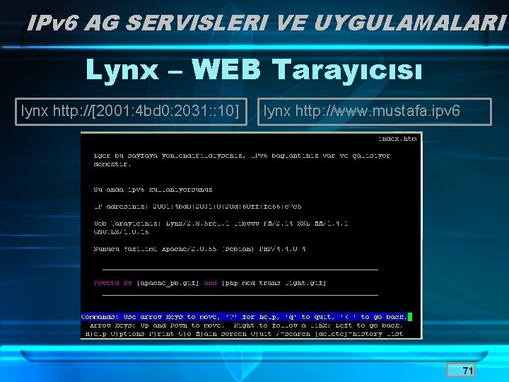 IPv 6 AG SERVISLERI VE UYGULAMALARI Lynx – WEB Tarayıcısı lynx http: //[2001: 4