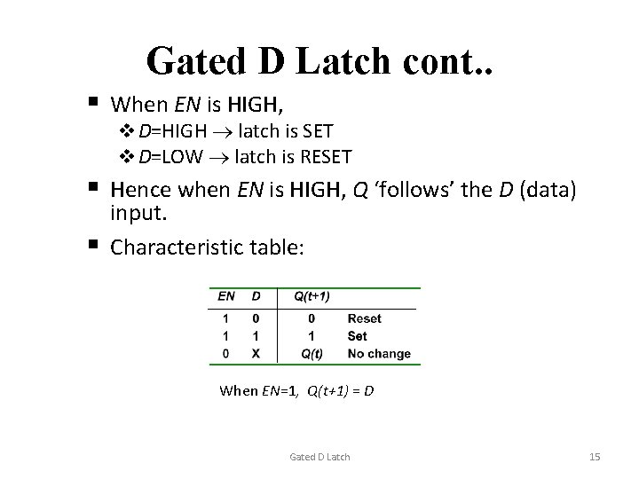 Gated D Latch cont. . § When EN is HIGH, v D=HIGH latch is