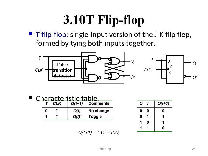 3. 10 T Flip-flop § T flip-flop: single-input version of the J-K flip flop,