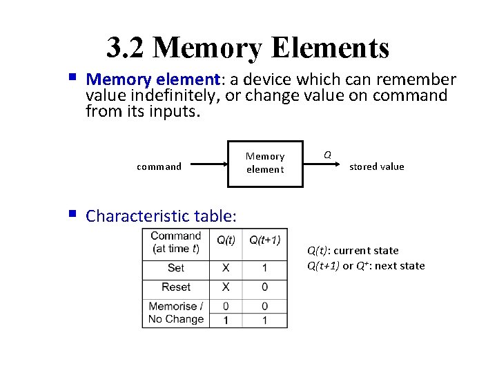 3. 2 Memory Elements § Memory element: a device which can remember value indefinitely,