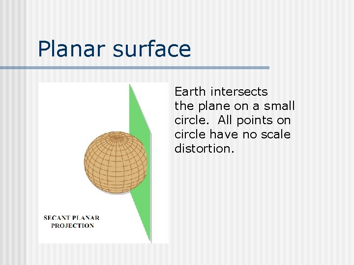 Planar surface Earth intersects the plane on a small circle. All points on circle Planar surface Earth intersects the plane on a small circle. All points on circle