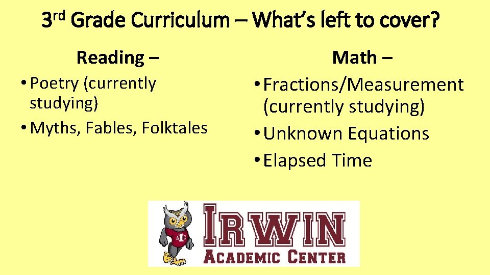 rd 3 Grade Curriculum – What’s left to cover? Reading – • Poetry (currently