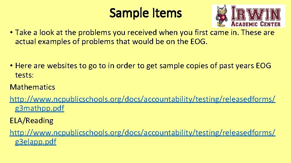 Sample Items • Take a look at the problems you received when you first