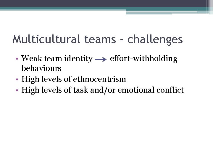 Multicultural teams - challenges • Weak team identity effort-withholding behaviours • High levels of Multicultural teams - challenges • Weak team identity effort-withholding behaviours • High levels of