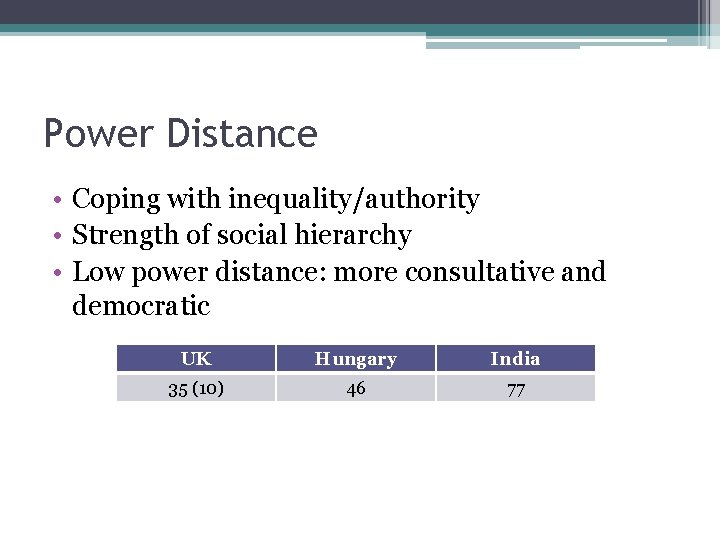 Power Distance • Coping with inequality/authority • Strength of social hierarchy • Low power Power Distance • Coping with inequality/authority • Strength of social hierarchy • Low power