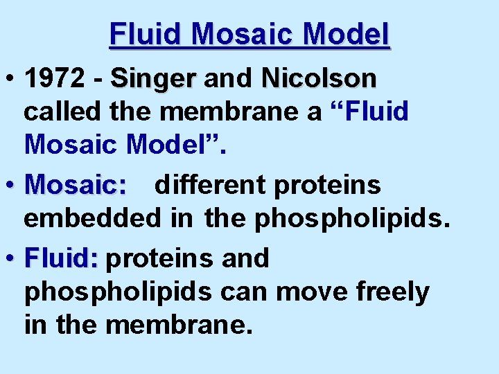 Fluid Mosaic Model • 1972 - Singer and Nicolson called the membrane a “Fluid