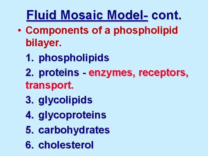 Fluid Mosaic Model- cont. • Components of a phospholipid bilayer. 1. phospholipids 2. proteins