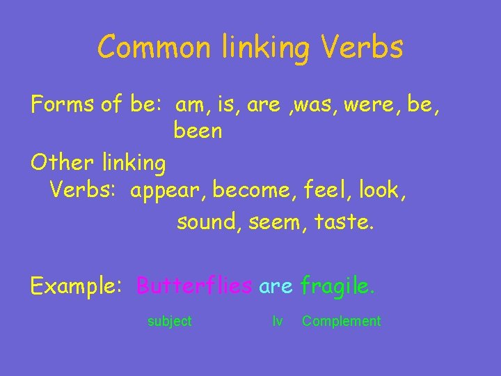 Common linking Verbs Forms of be: am, is, are , was, were, been Other