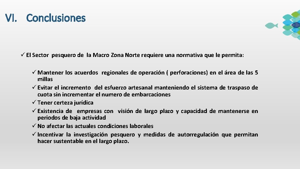 VI. Conclusiones ü El Sector pesquero de la Macro Zona Norte requiere una normativa