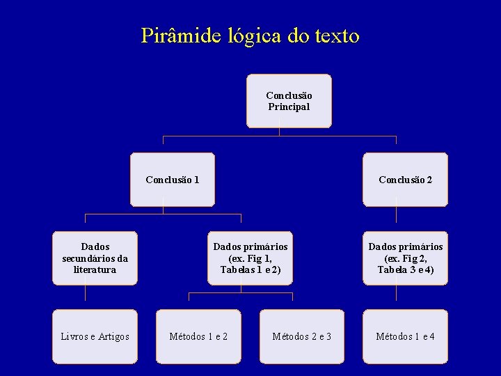 Pirâmide lógica do texto Conclusão Principal Conclusão 1 Dados secundários da literatura Livros e