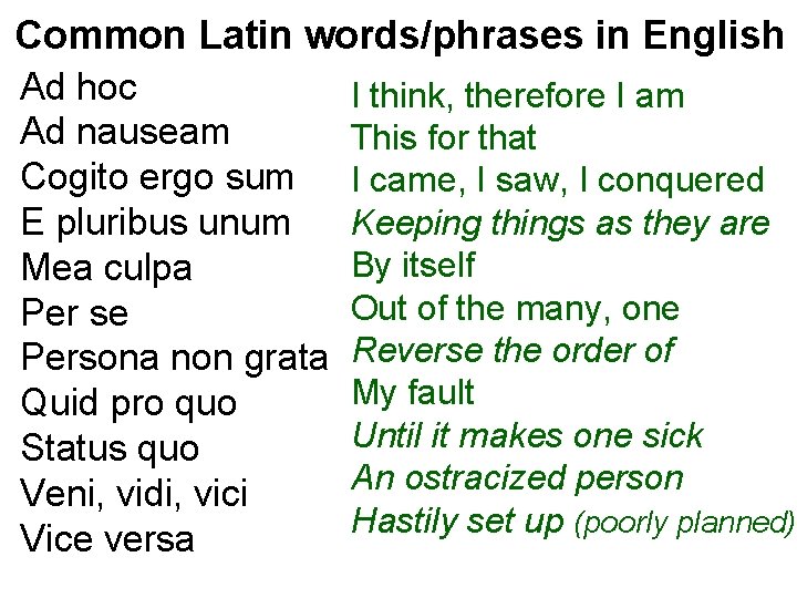 Common Latin words/phrases in English Ad hoc Ad nauseam Cogito ergo sum E pluribus