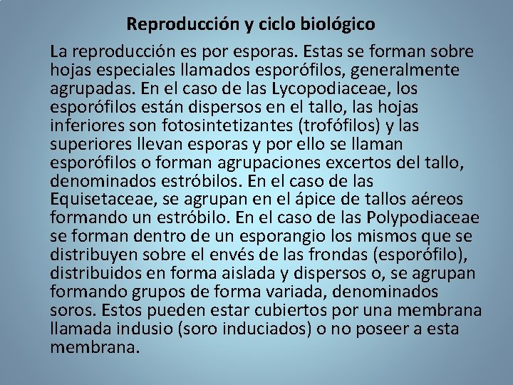 Reproducción y ciclo biológico La reproducción es por esporas. Estas se forman sobre hojas