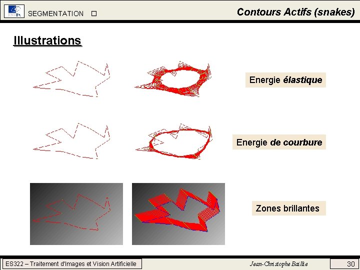 SEGMENTATION Contours Actifs (snakes) Illustrations Energie élastique Energie de courbure Zones brillantes ES 322 SEGMENTATION Contours Actifs (snakes) Illustrations Energie élastique Energie de courbure Zones brillantes ES 322