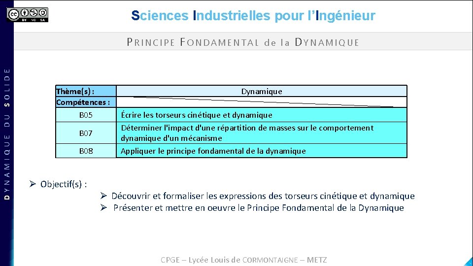 Sciences Industrielles pour l’Ingénieur DYNAMIQUE DU SOLIDE PRINCIPE FONDAMENTAL de la DYNAMIQUE Thème(s) :