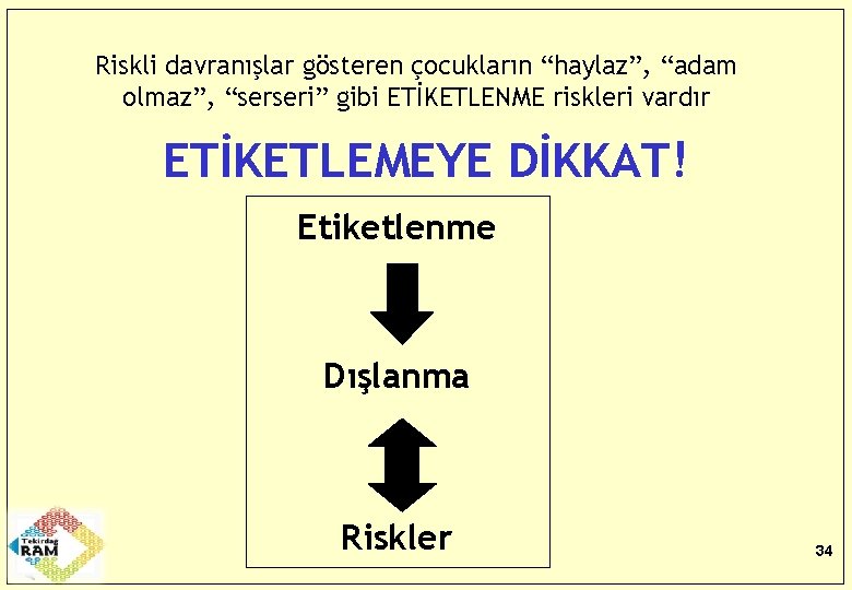 Riskli davranışlar gösteren çocukların “haylaz”, “adam olmaz”, “serseri” gibi ETİKETLENME riskleri vardır ETİKETLEMEYE DİKKAT!