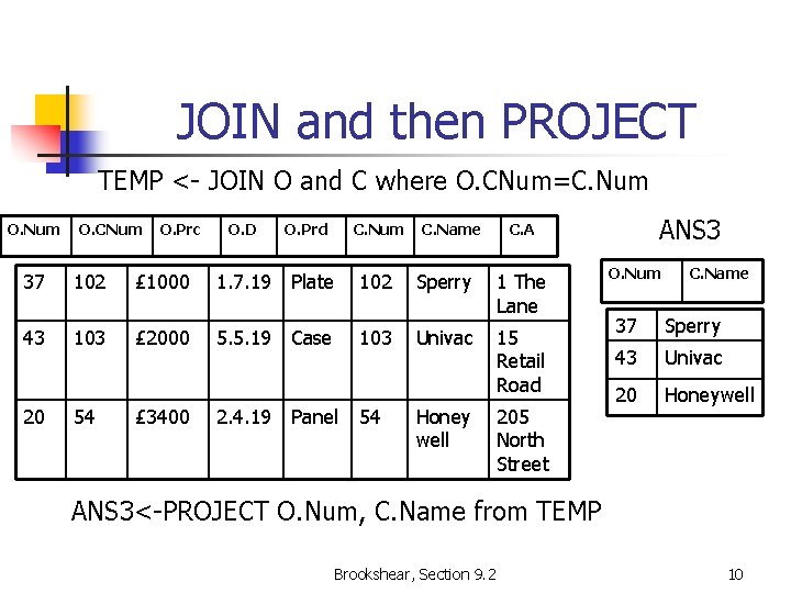 JOIN and then PROJECT TEMP <- JOIN O and C where O. CNum=C. Num