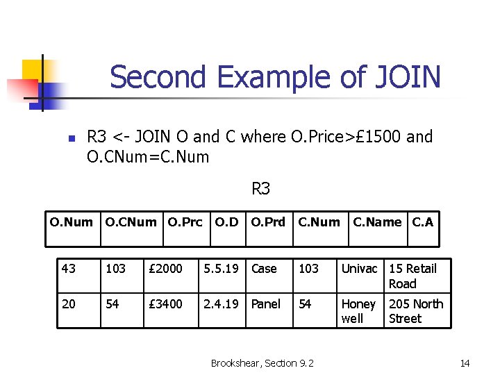 Second Example of JOIN n R 3 <- JOIN O and C where O.