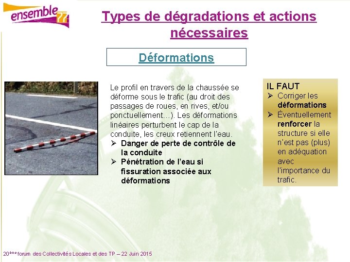 Types de dégradations et actions nécessaires Déformations Le profil en travers de la chaussée