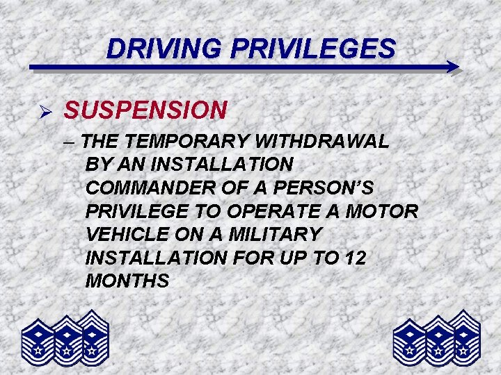 DRIVING PRIVILEGES Ø SUSPENSION – THE TEMPORARY WITHDRAWAL BY AN INSTALLATION COMMANDER OF A