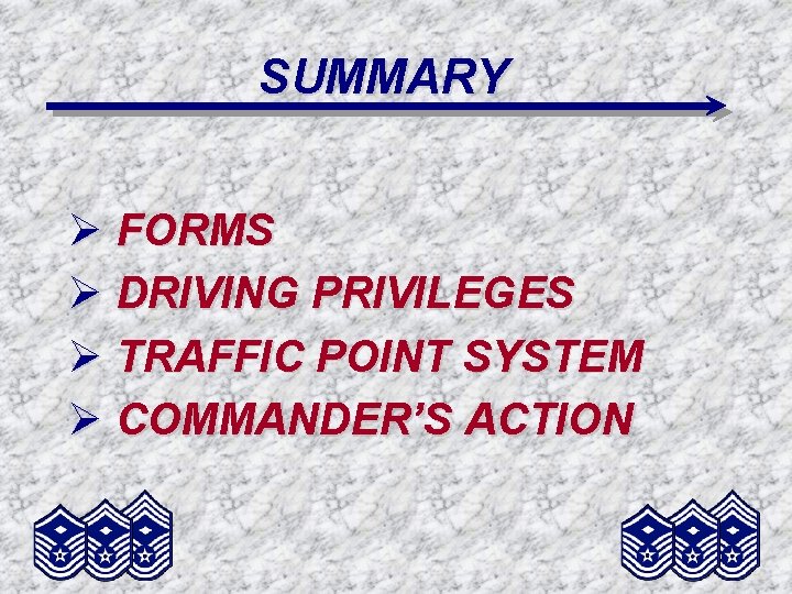 SUMMARY Ø FORMS Ø DRIVING PRIVILEGES Ø TRAFFIC POINT SYSTEM Ø COMMANDER’S ACTION 