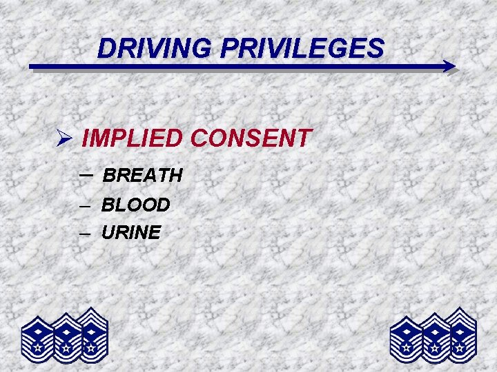 DRIVING PRIVILEGES Ø IMPLIED CONSENT – BREATH – BLOOD – URINE 