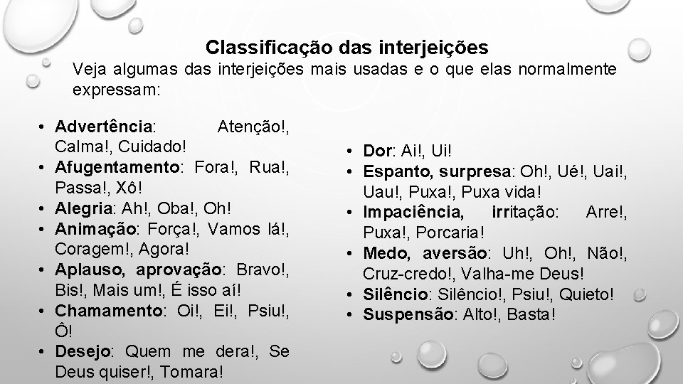 Classificação das interjeições Veja algumas das interjeições mais usadas e o que elas normalmente