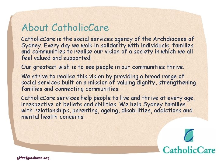 About Catholic. Care is the social services agency of the Archdiocese of Sydney. Every